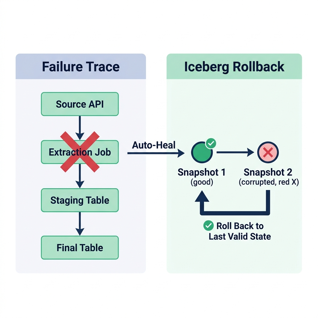 Data pipeline failure trace and rollback workflow